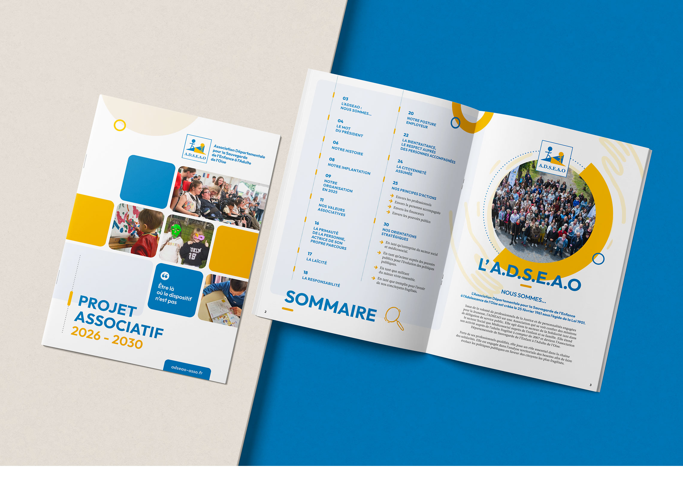 Mockup of ADSEAO's 2026–2030 Strategic Plan featuring the booklet cover along with the first two pages including the table of contents and the association's introduction.