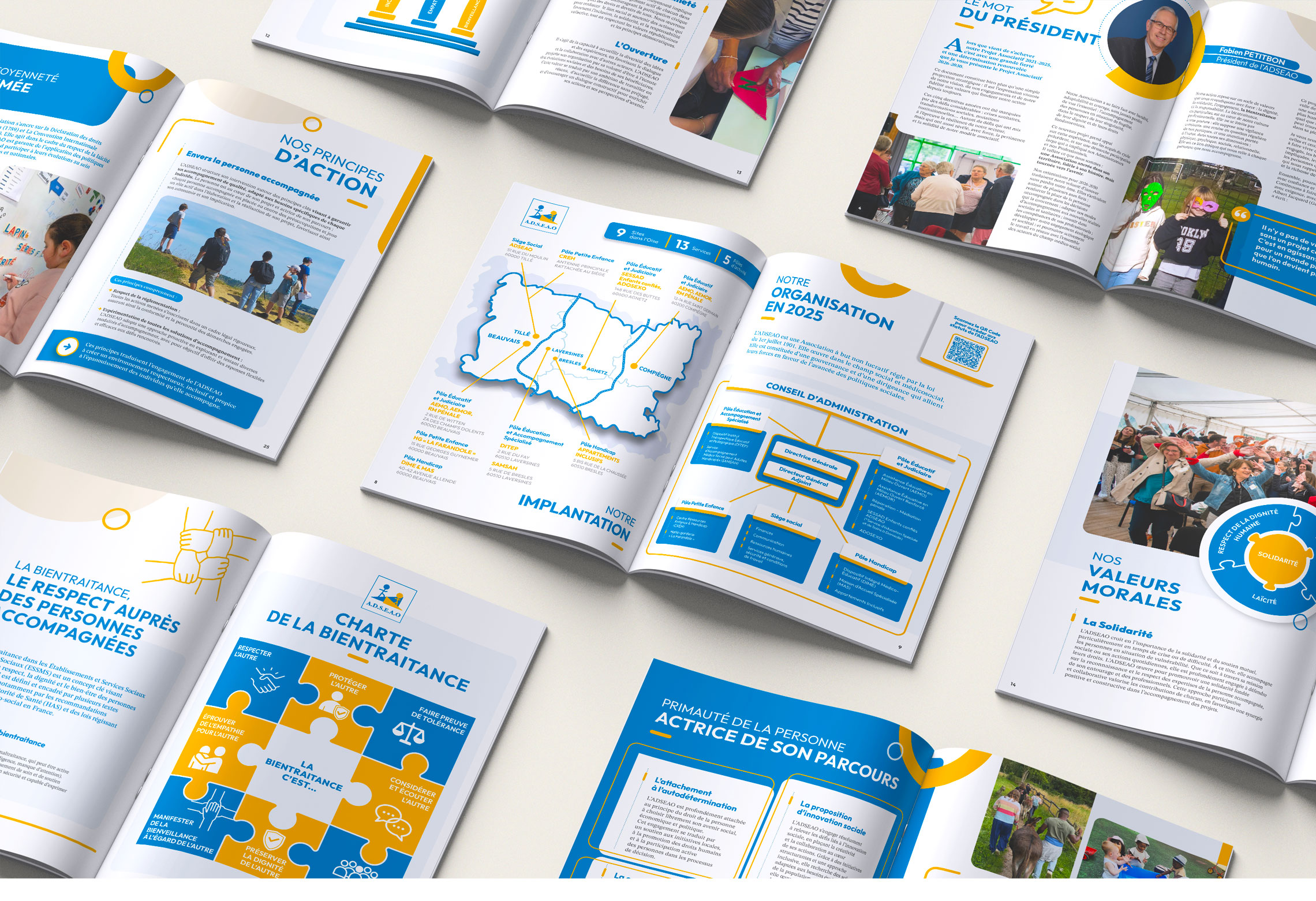 Overview of several double-page spreads from ADSEAO's Strategic Plan highlighting the art direction, infographics, diagrams and editorial layout.