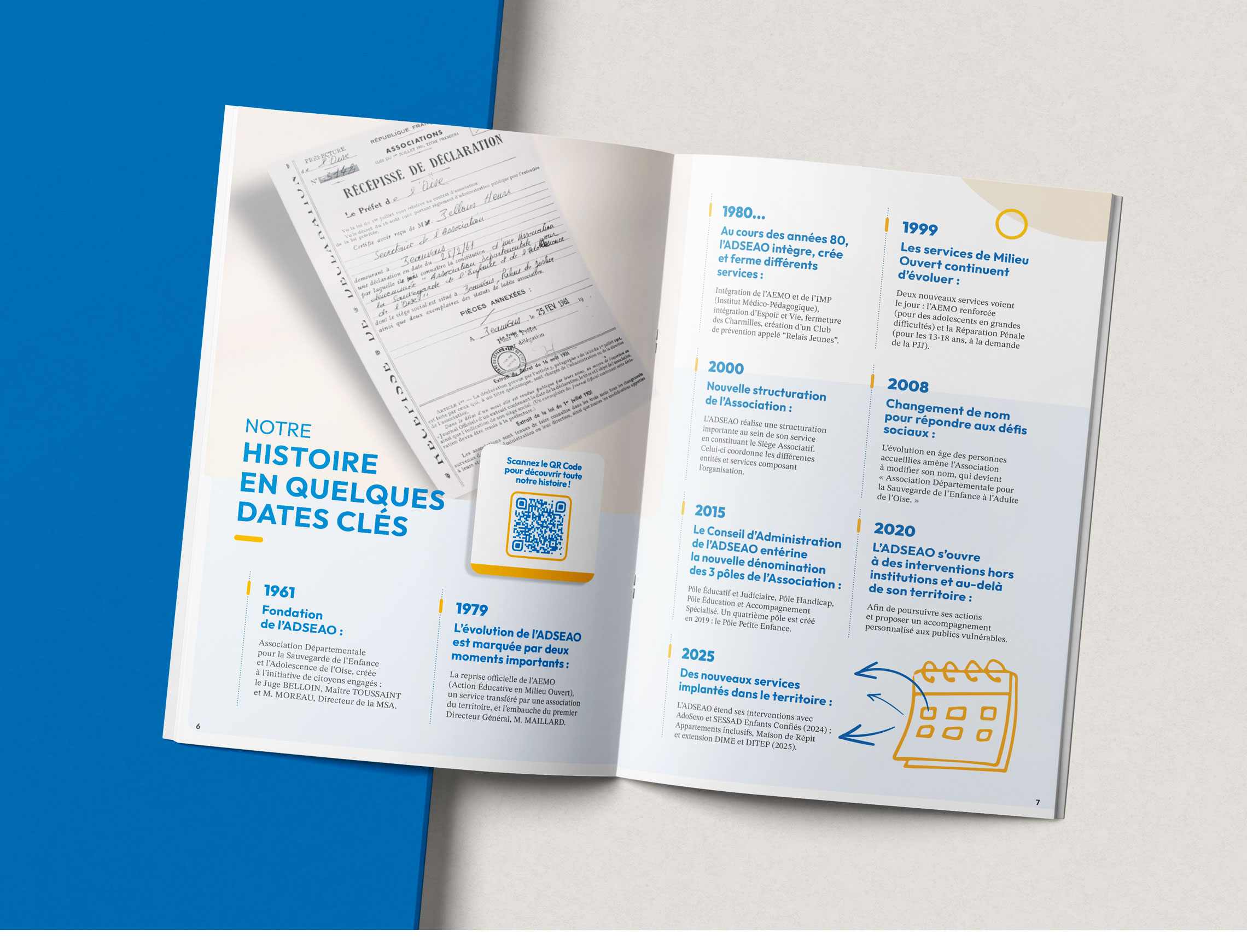 Double-page spread from ADSEAO's Strategic Plan presenting the association's history as a timeline with a QR code and a custom mockup showcasing the original certificate of incorporation.