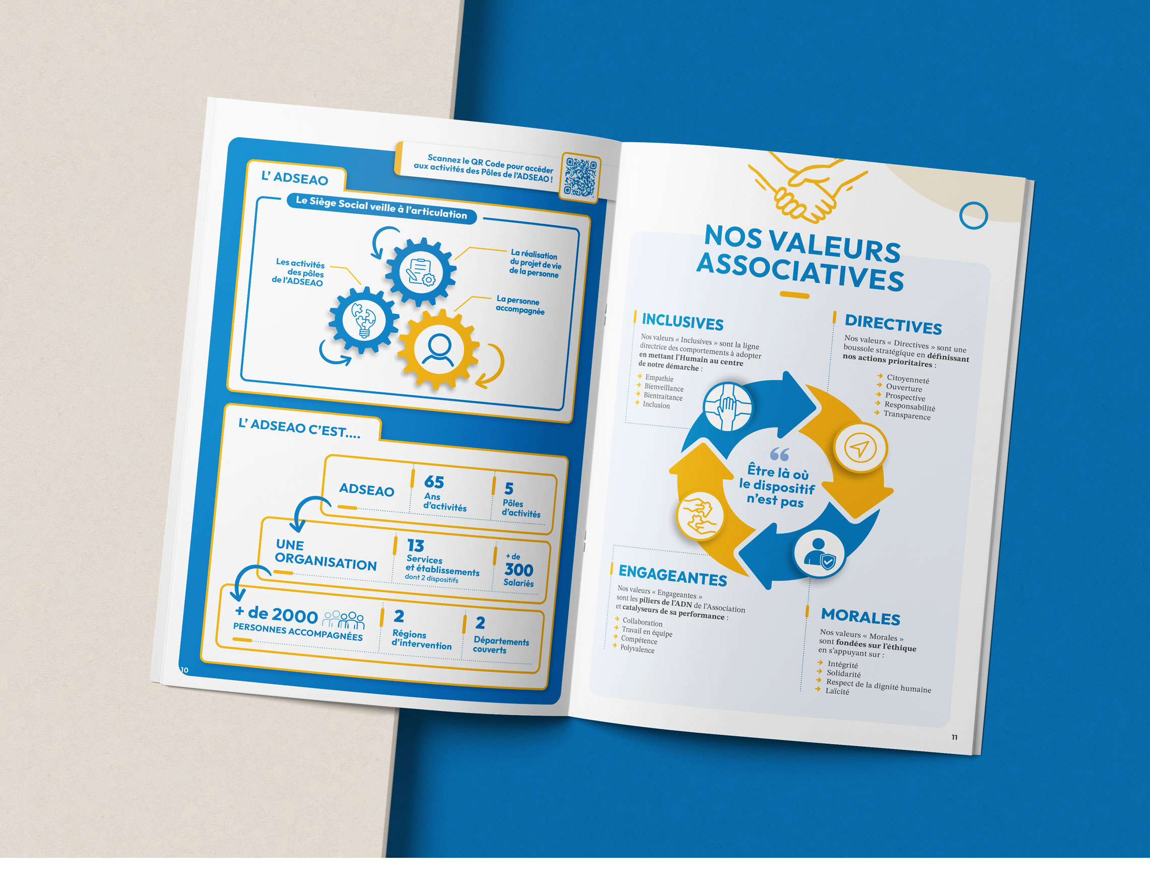 Double-page spread from ADSEAO's Strategic Plan presenting the association's organisation and core values through custom diagrams and infographics.