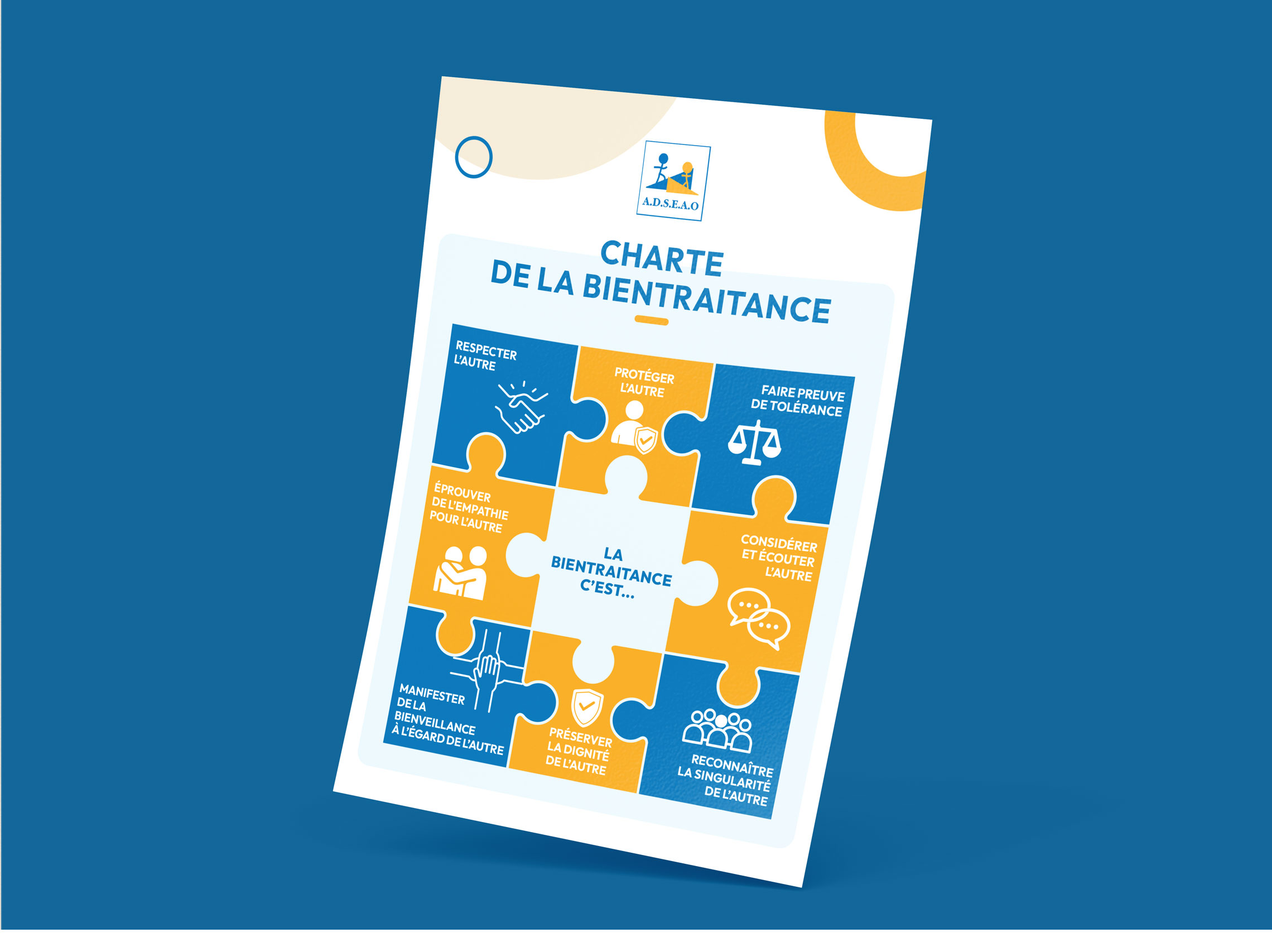 Layout of ADSEAO's Charter of Good Care designed as a custom illustrated infographic.