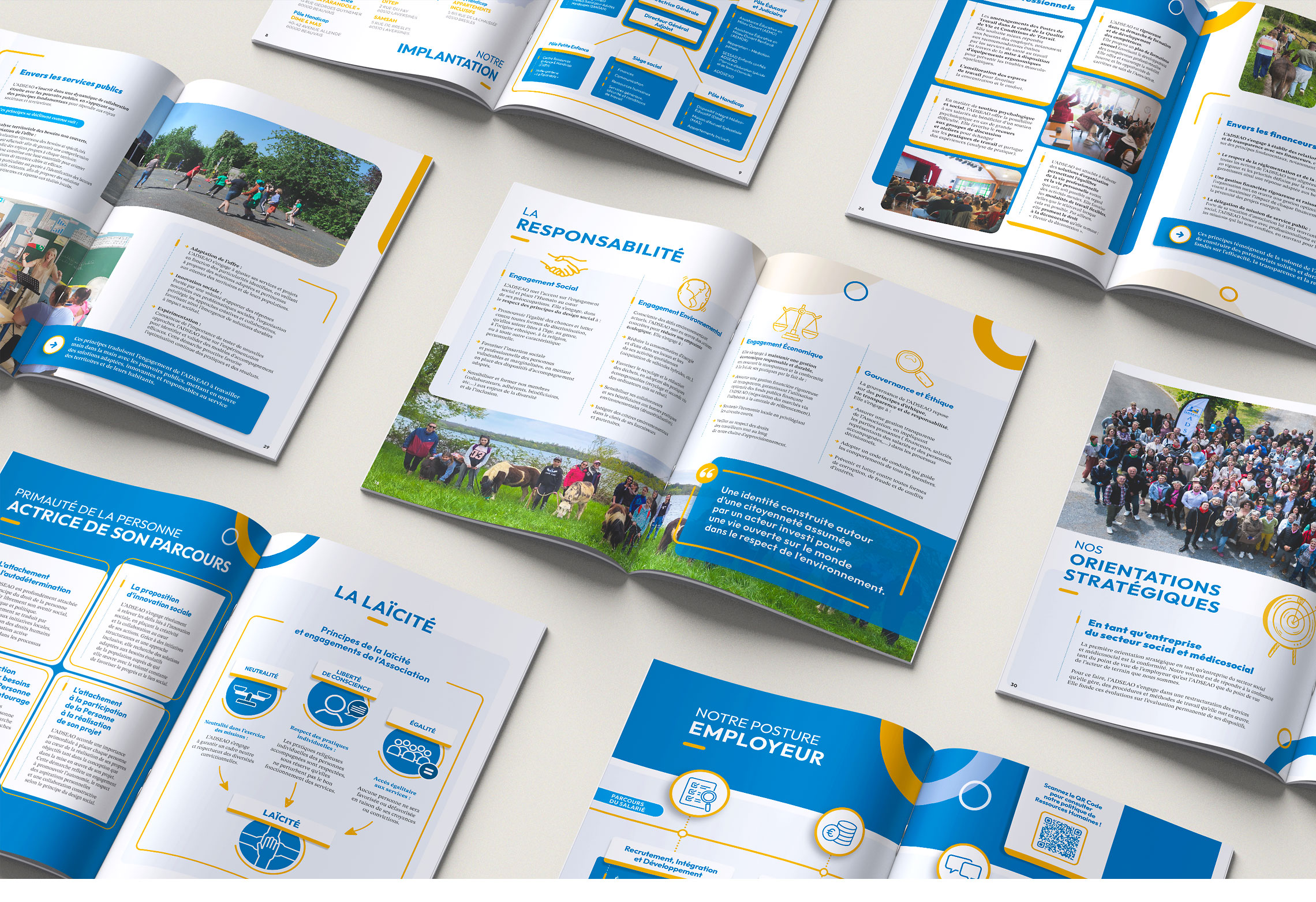 Selection of double-page spreads from ADSEAO's Strategic Plan showcasing the association's values, responsibilities, strategic priorities and employer commitments.