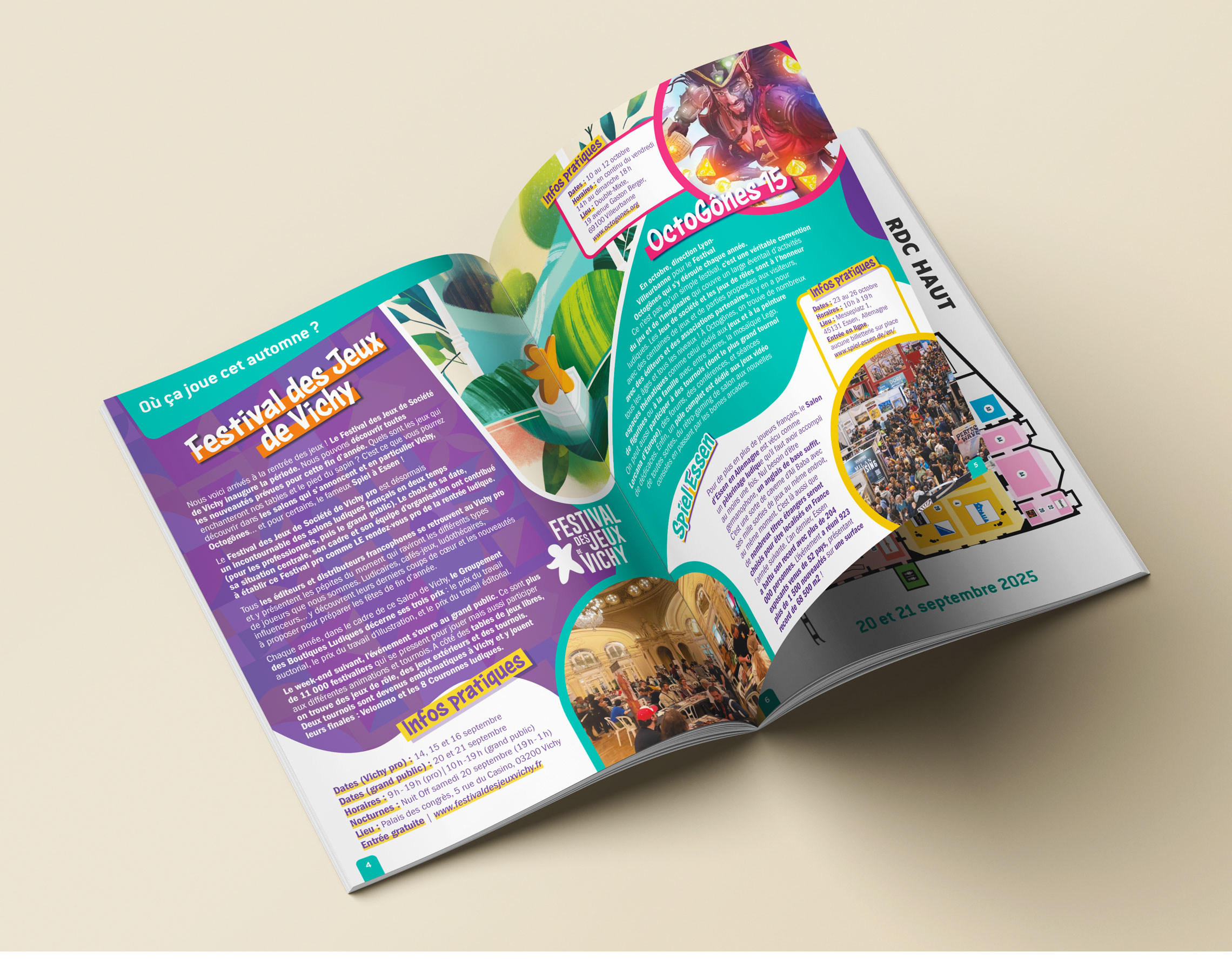 Interior double-page spread of Akiltour magazine featuring a special report on current and upcoming board game conventions.