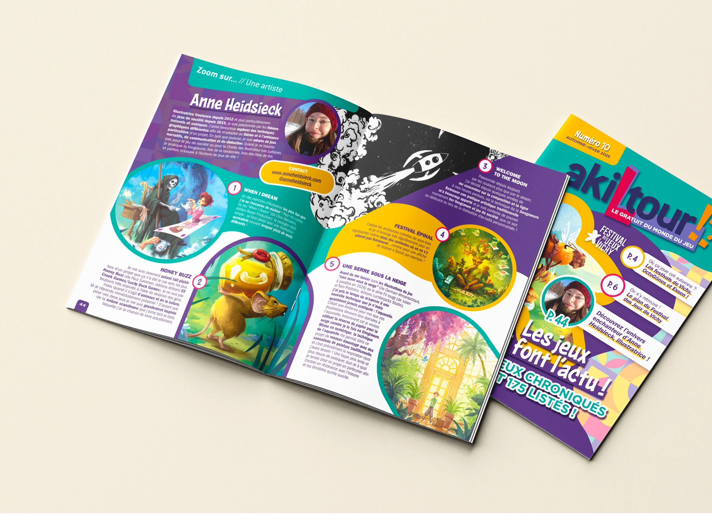 Interior double-page spread featuring a special report on the artist Anne Heidsiek.