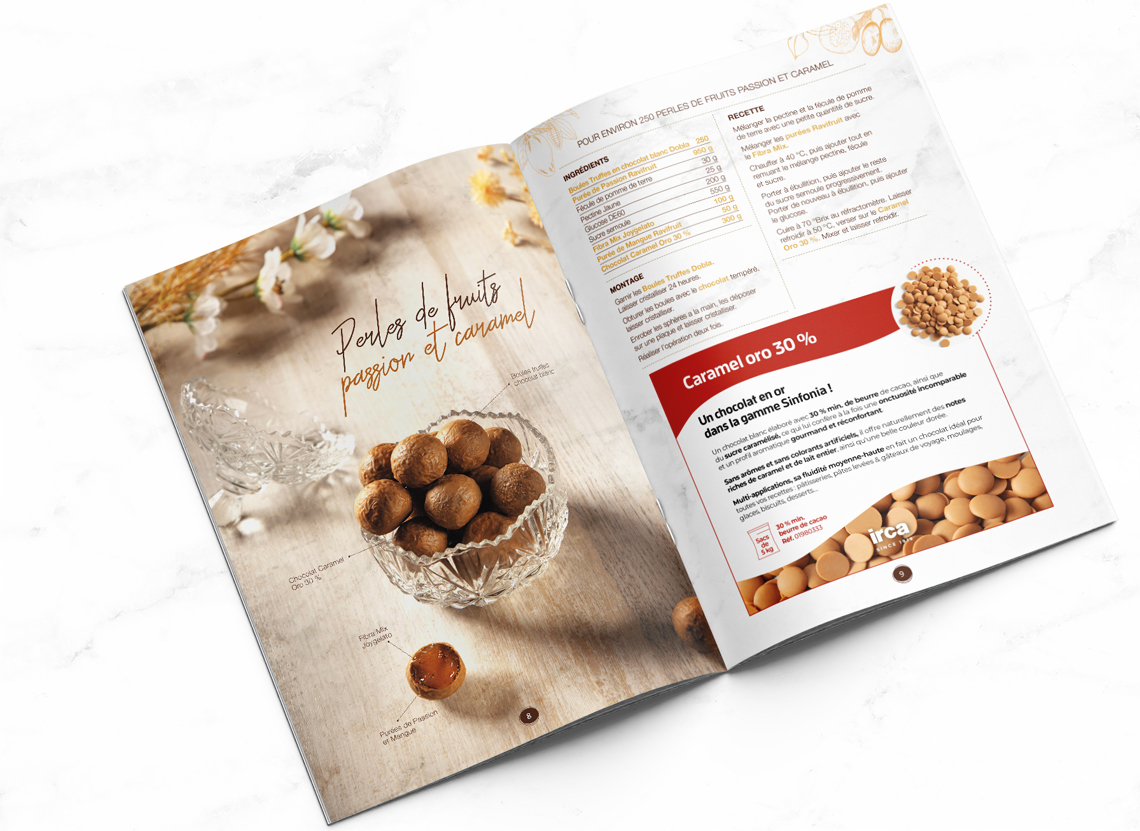 Double-page of the Fruit Pearls recipe booklet.