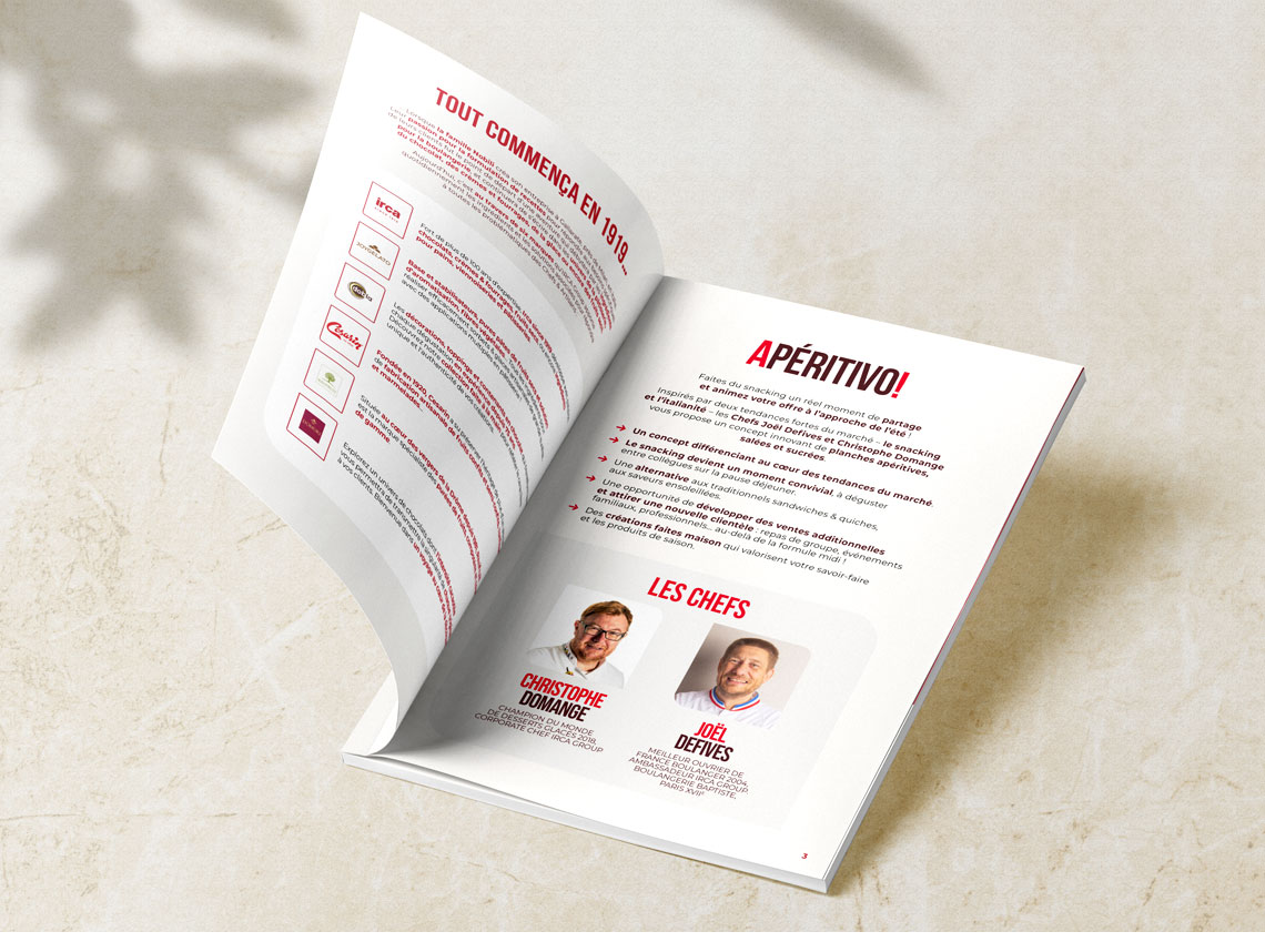 Inside spread of the Aperitivo recipe booklet featuring the project introduction and the presentation page for chefs Christophe Domange and Joël Defives.