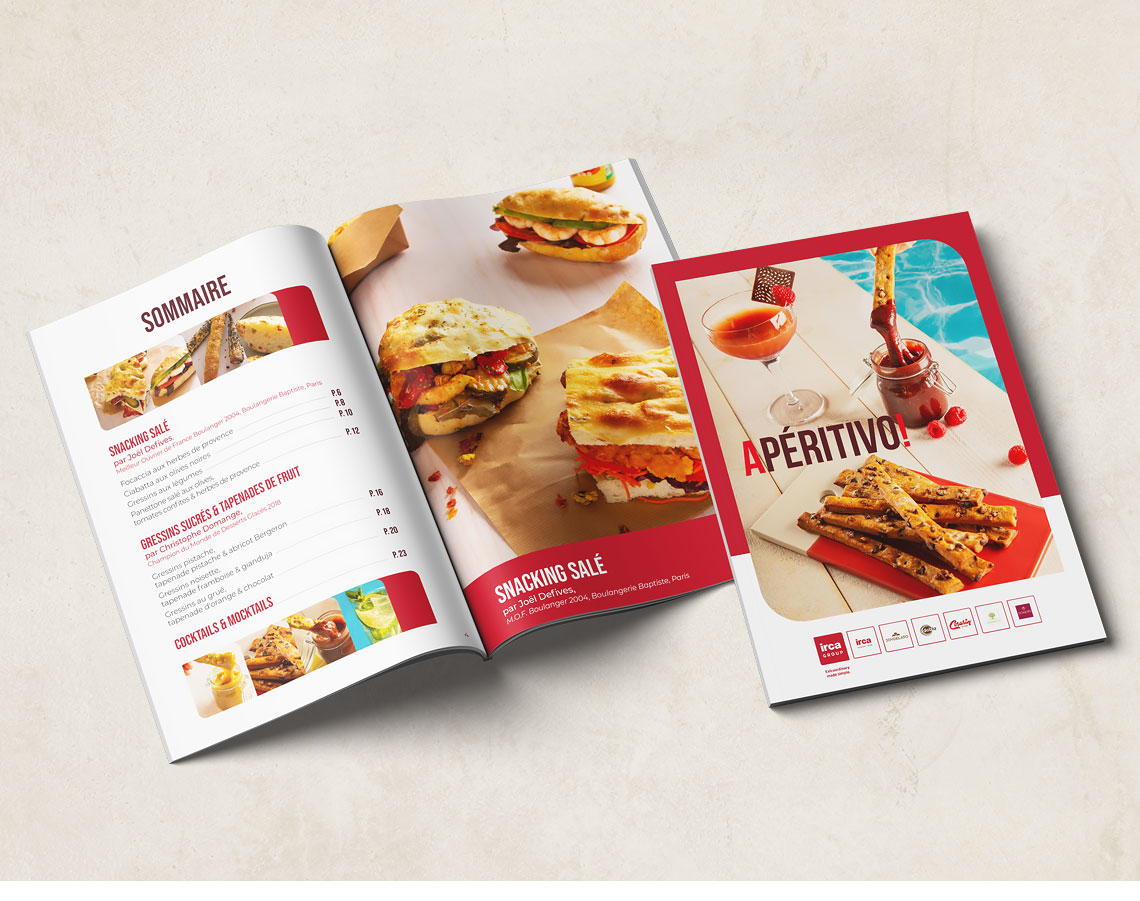 Overview of the open Aperitivo recipe booklet showing the table of contents, a savory snacking spread, and the booklet cover.