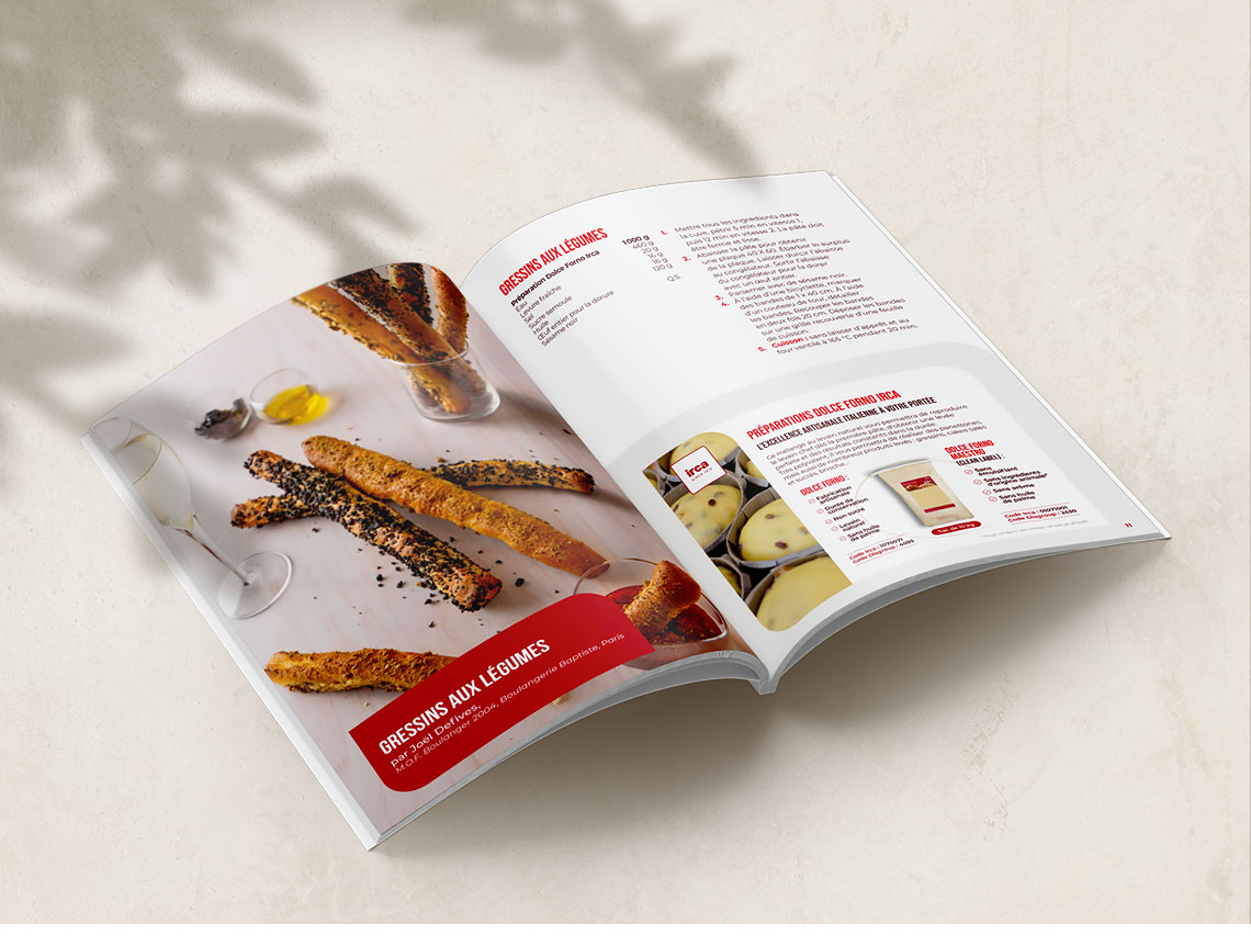 Recipe spread from the Aperitivo booklet featuring vegetable breadsticks, food photography of the breadsticks, and the recipe laid out on the right-hand page.