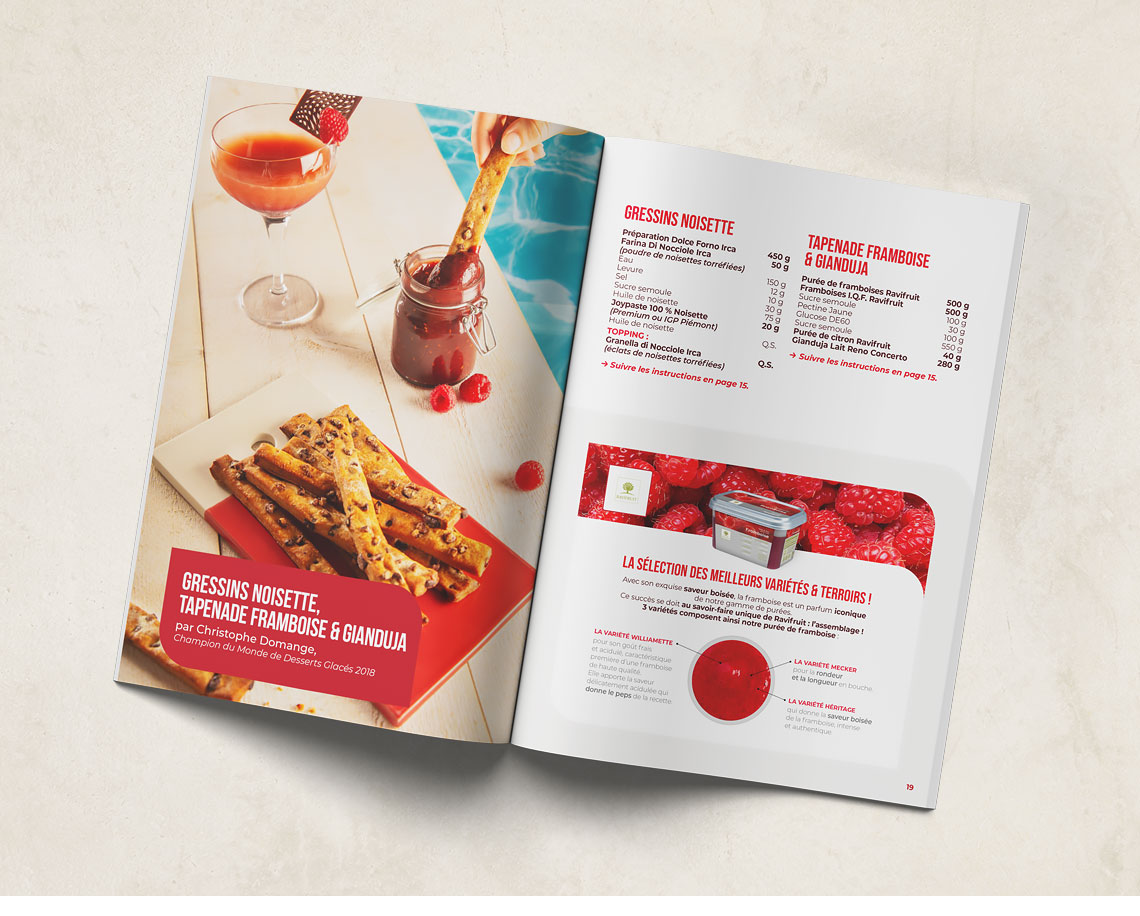 Recipe spread from the Aperitivo booklet dedicated to hazelnut breadsticks and raspberry gianduja tapenade, with an advertising insert for Ravifruit Raspberry Purée.