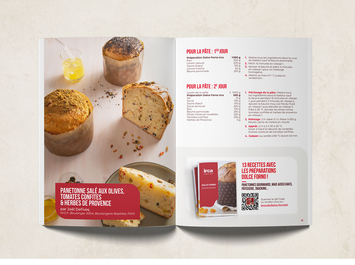 Recipe spread from the Aperitivo booklet featuring a savory panettone with olives, sun-dried tomatoes, and herbs de Provence, along with its product advertising insert.