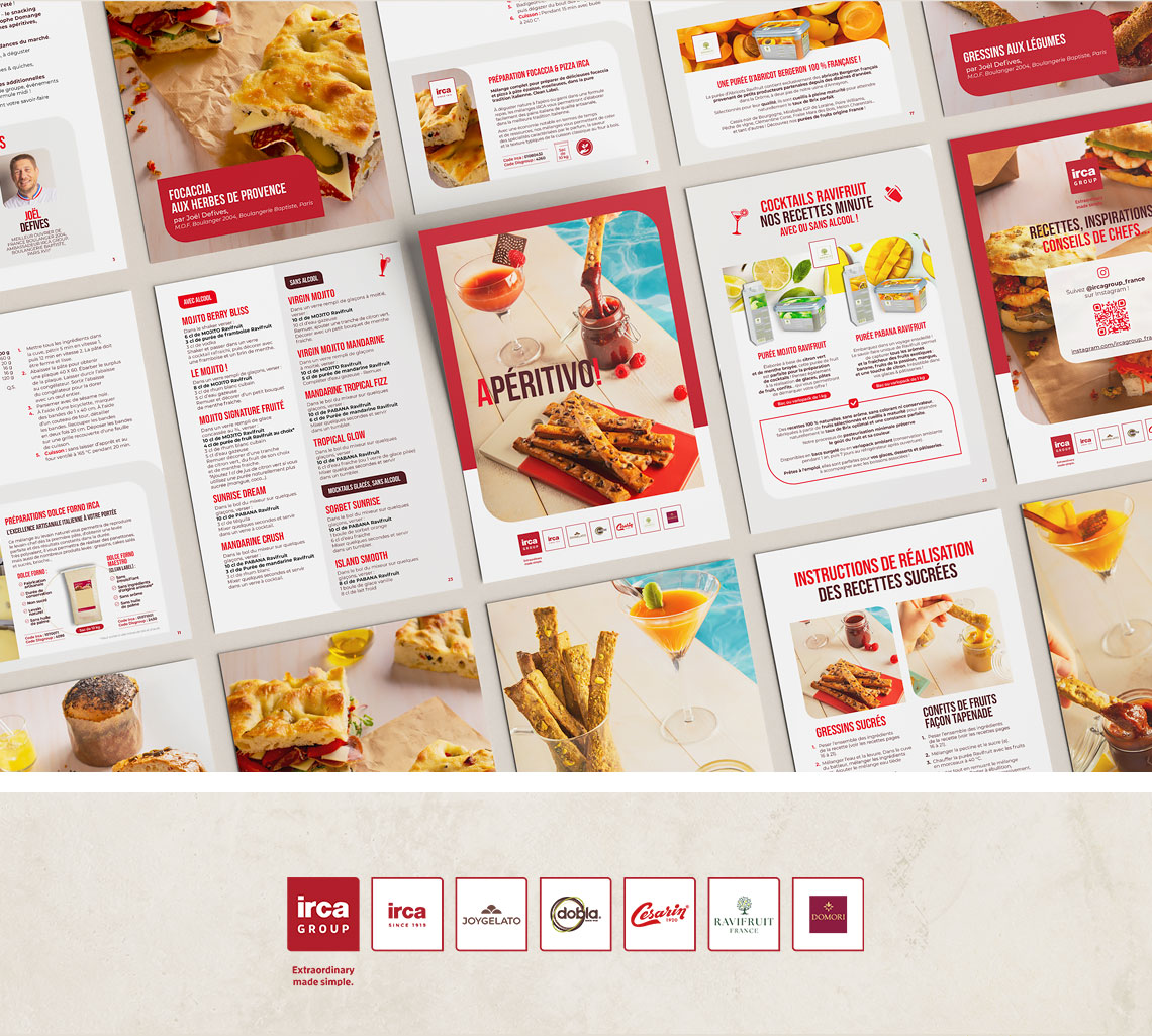 Overview of several pages from the Aperitivo booklet for Irca Group, including the cover, recipes, cocktails, food photography, and more.