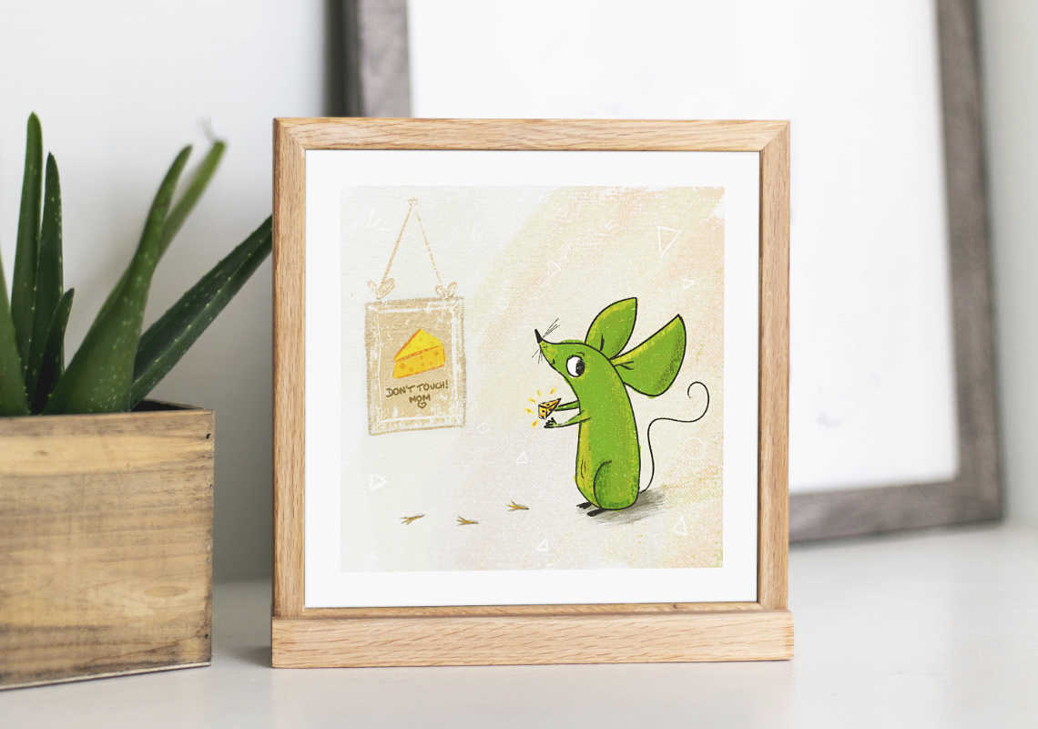 Illustration of a green mouse stealing cheese on the sly