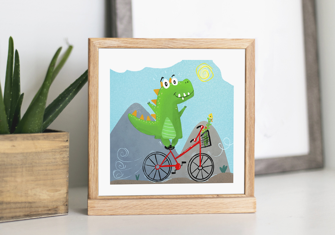 Illustration of a dinosaur standing on a red bicycle.
